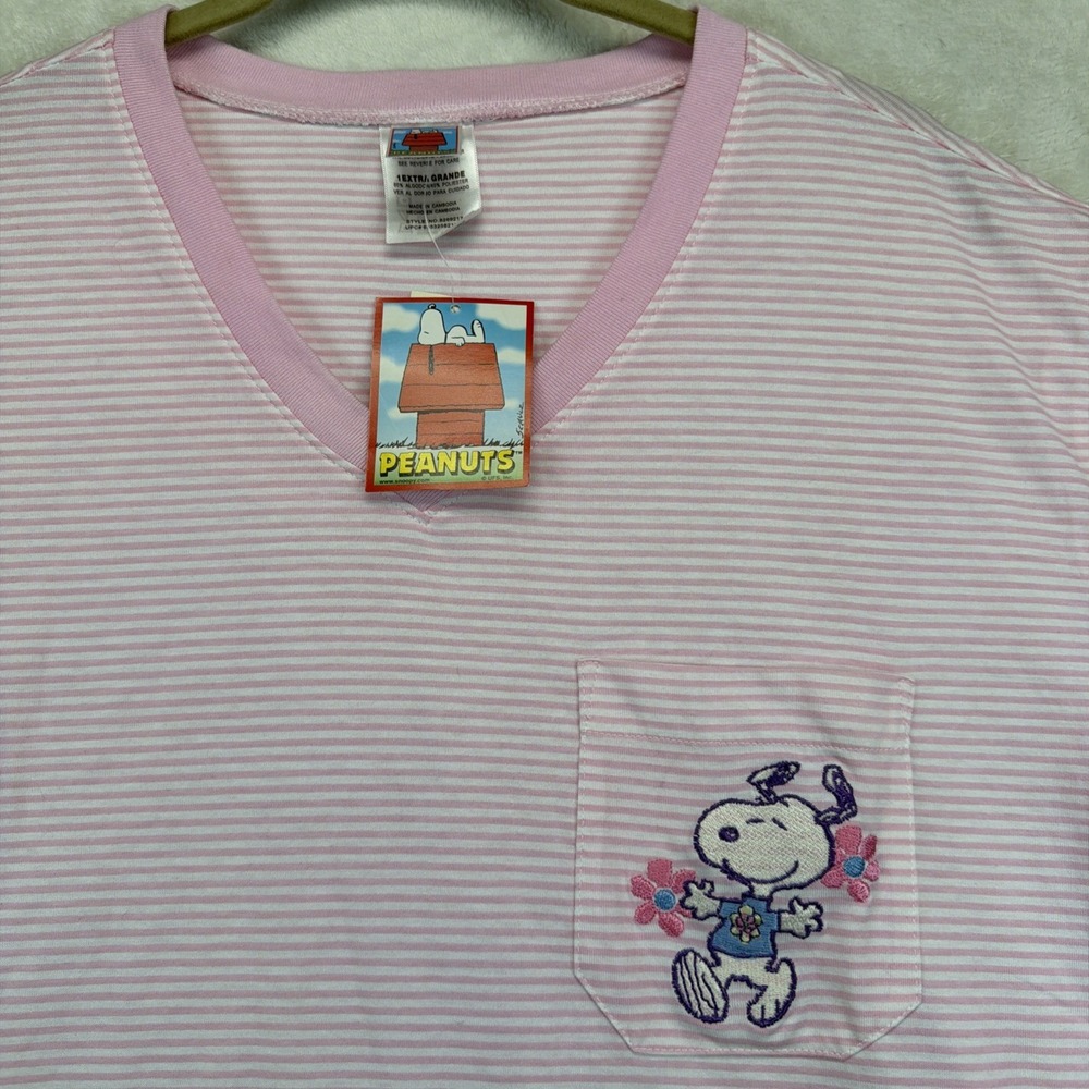 Snoopy Peanuts Pocket Tee NWT Pink Stripe V Neck Women's XL